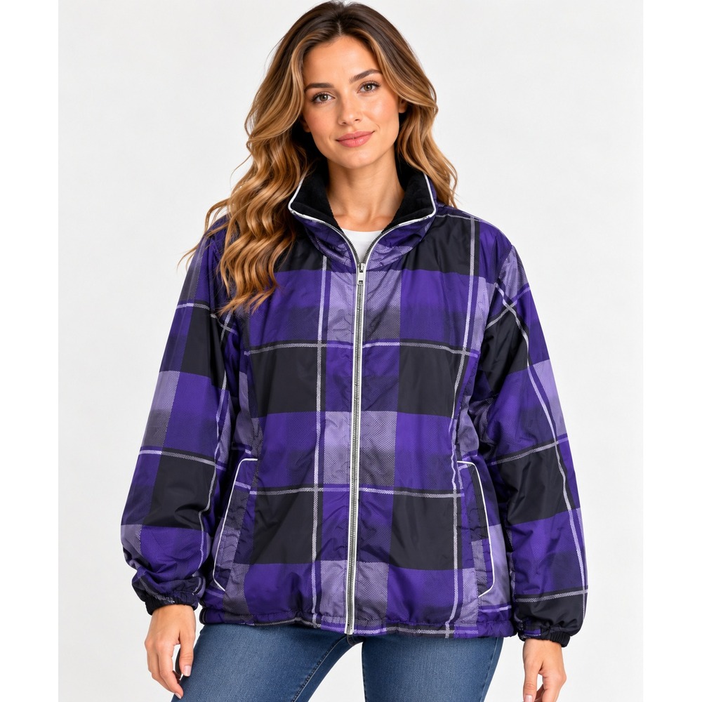 Purple Black Plaid Fleece 2XL Lined Full Zip Puffer Jacket Mock Neck Windbreaker
